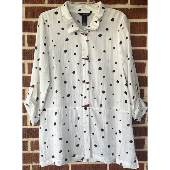 Ali Miles White and Black Polka Dot Tunic with Red Buttons Roll Tab Sleeves Sz M - Picture 1 of 6